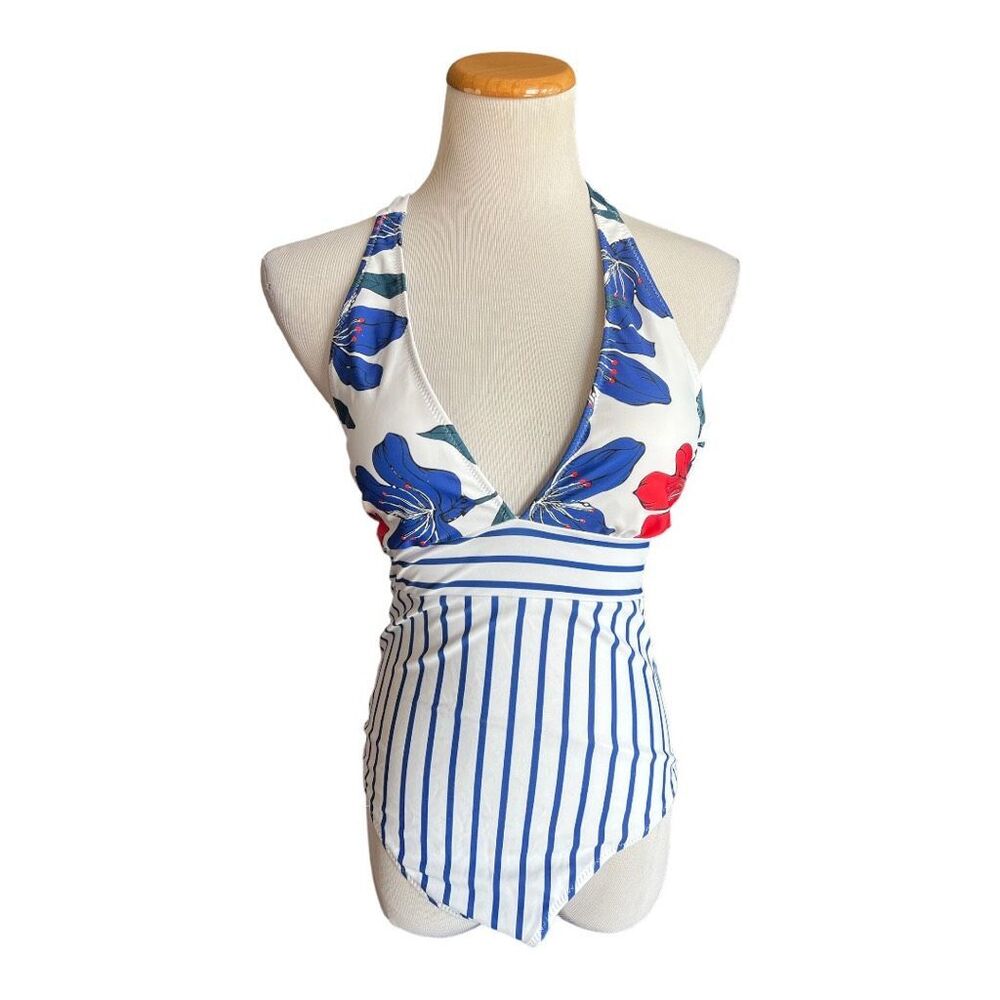 New Womens Phurro Deep V Contrast Halter Floral One Piece Swimsuit - Sz M